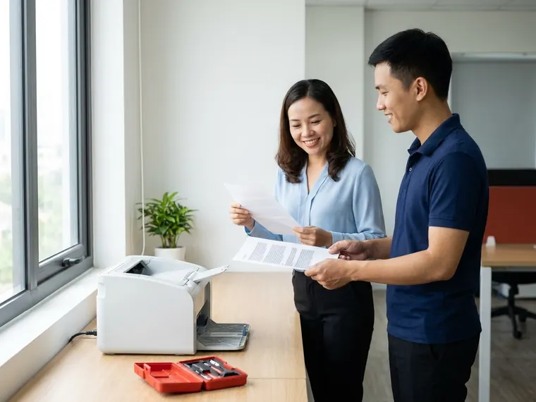 Kỹ thuật vi&ecirc;n đưa bản in thử cho nh&acirc;n vi&ecirc;n văn ph&ograve;ng kiểm tra chất lượng sau khi nạp mực