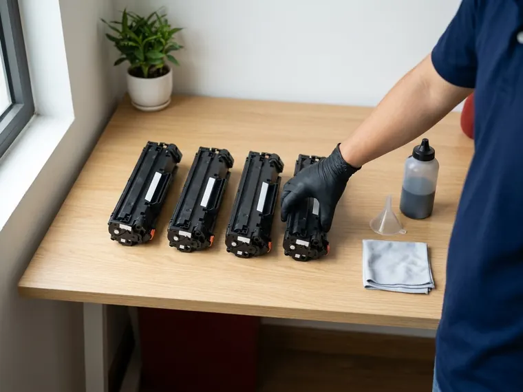 C&aacute;c hộp mực m&aacute;y in laser đ&atilde; nạp xếp h&agrave;ng tr&ecirc;n b&agrave;n, cạnh b&igrave;nh mực v&agrave; phễu
