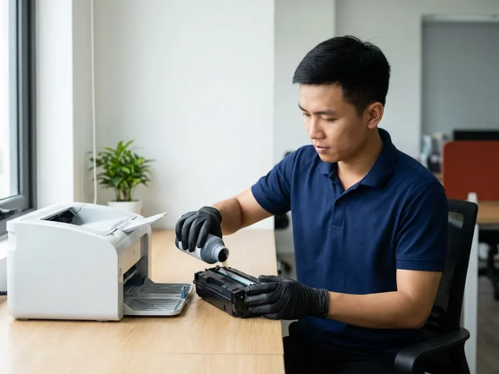 Kỹ thuật vi&ecirc;n đang nạp mực v&agrave;o hộp mực m&aacute;y in laser ngay tại b&agrave;n l&agrave;m việc của văn ph&ograve;ng