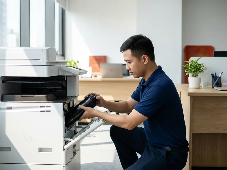 Kỹ thuật vi&ecirc;n mở cửa trước m&aacute;y photocopy văn ph&ograve;ng để thay b&igrave;nh mực