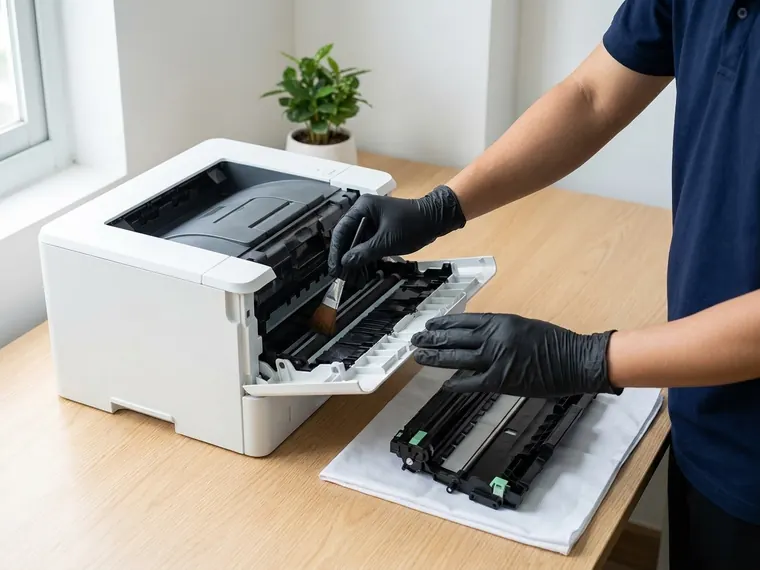 Vệ sinh đường giấy b&ecirc;n trong m&aacute;y in laser bằng cọ mềm, trống drum đặt tr&ecirc;n khăn sạch